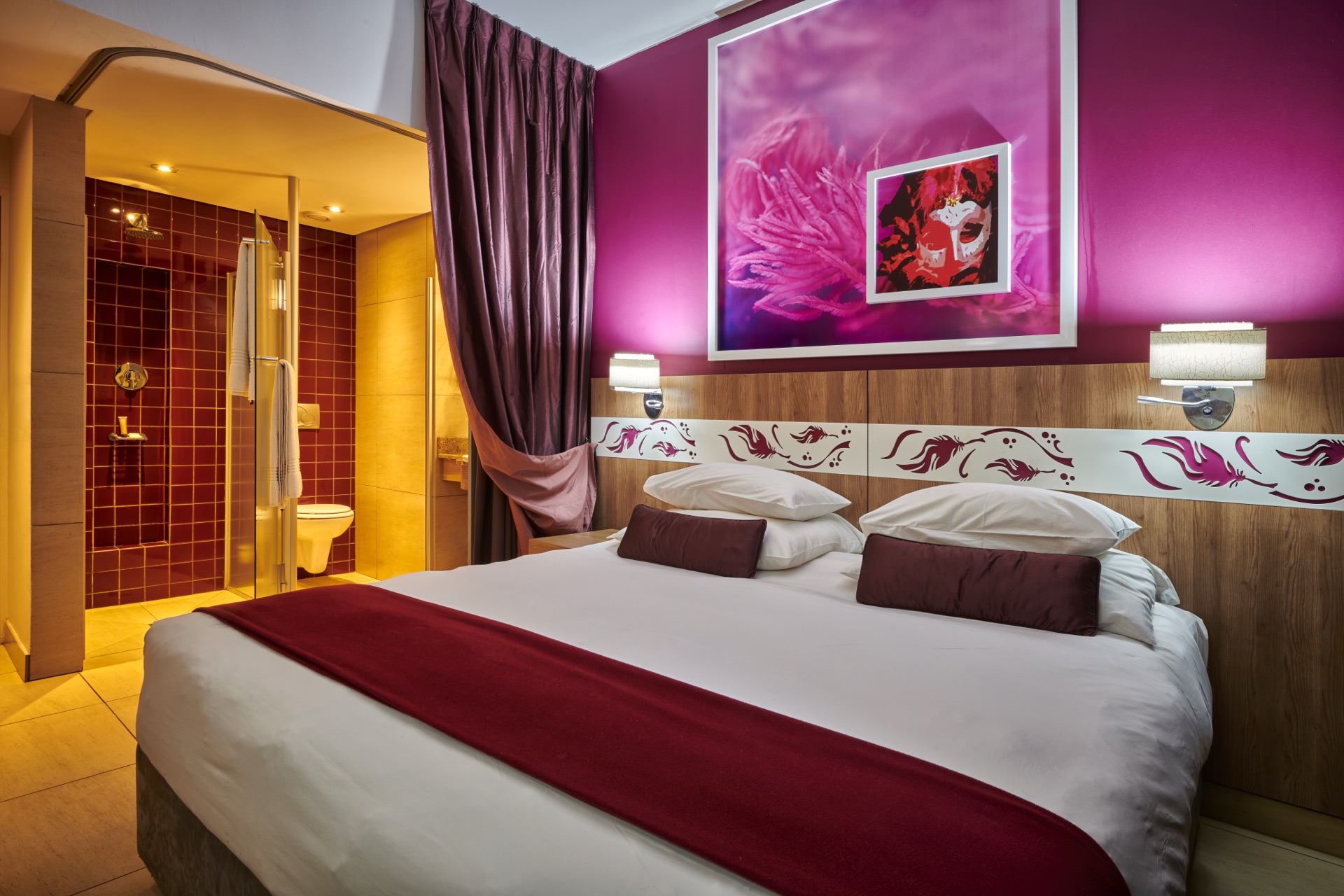 Classic King room with magenta feature wall and open ensuite shower at Rio, Klerksdorp