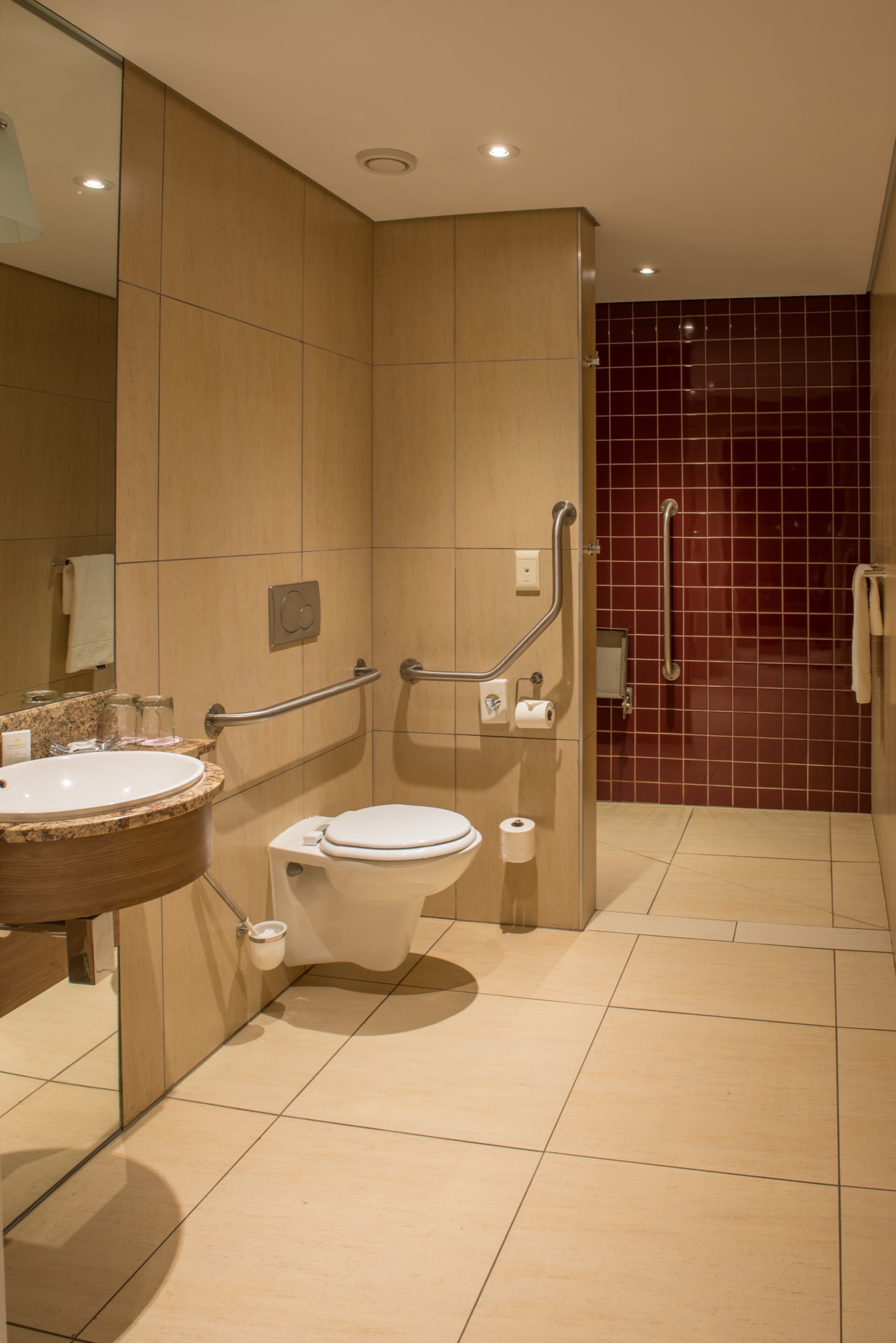 Accessible bathroom with grab rails and roll-in shower at Rio, Klerksdorp